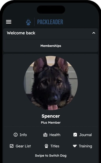 PackLeader dog management app home screen showing health, training, calendar, food, and more